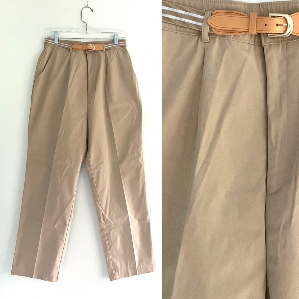 Vintage 80’s high rise waist khaki tan trousers pants with belt